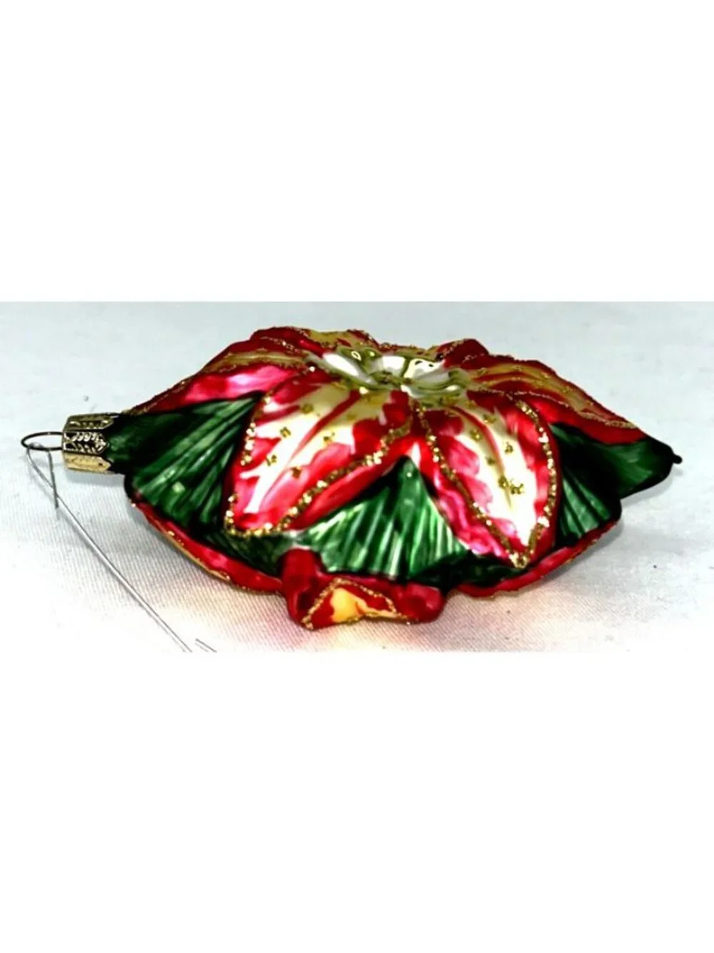 Hawaii Ornament Poinsettia Red Green Blown Glass Handcrafted Double Sided 4.75